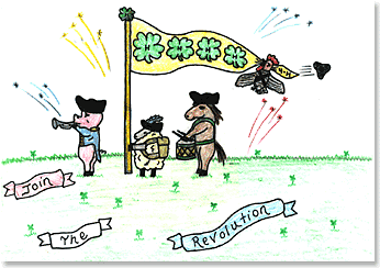 Farm animals as fife player, flag holder, and drum. Join the Revolution.