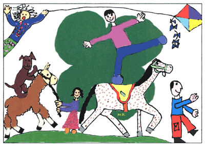 children and animals parade in front of a clover