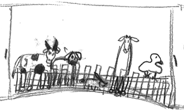 Drawing of animals in a barn.