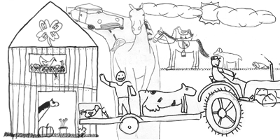 pencil drawing collage of barn, animals, tractor and people