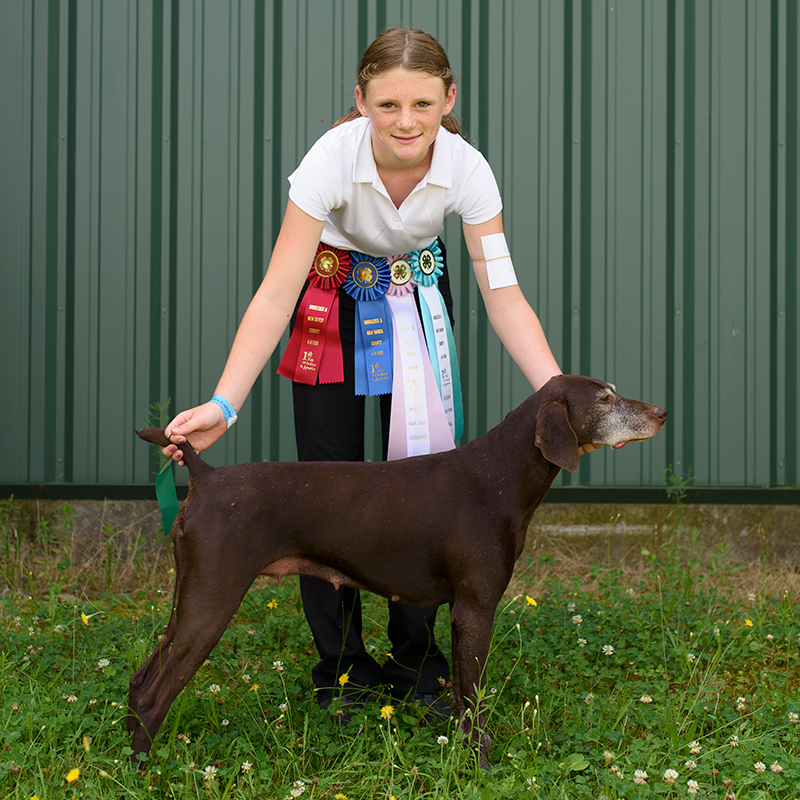 dog and handler with rosettes